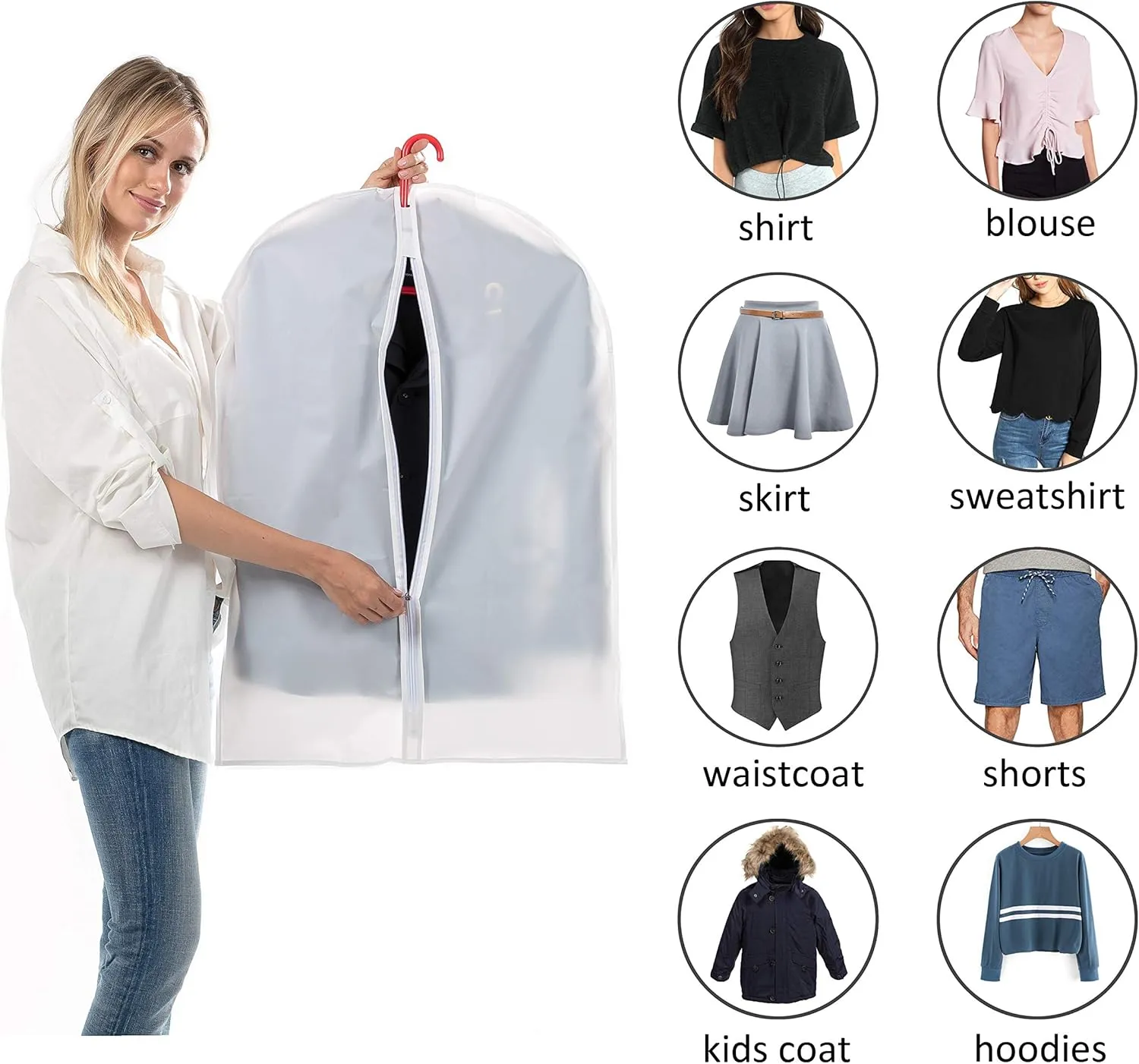 Small size Garment Bags - Set of 6 translucent 31 inch Hanging Clothing Bags with Cedar Balls, for Boy girls’ Sweater, hoodies, Shorts