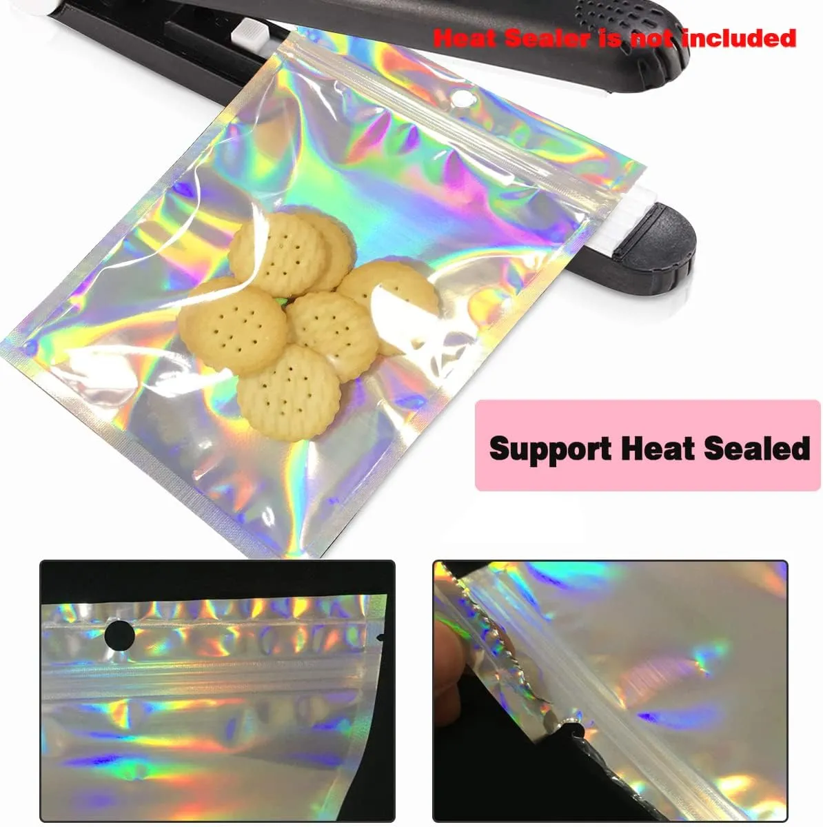 Smell Proof Bags & Resealable Foil Pouch Bag [100 PCS ] Great for Party Favor Food Storage (Holographic Color, 8 x 5.5 Inch)
