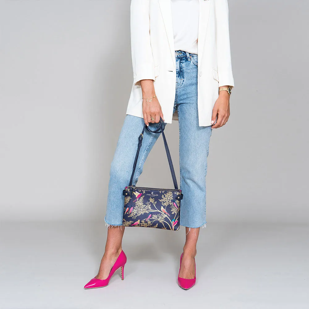 Smokey Blue Birds Zip Top Crossbody