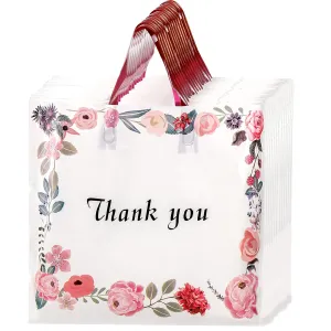 SOUJOY 60 Pack Thank You Bag, Plastic Shopping Bag with Handles, 14'' x 12'' Spring Flowers Reusable Merchandise Bags, Gift bag for Boutique, Clothing, Retail, Party
