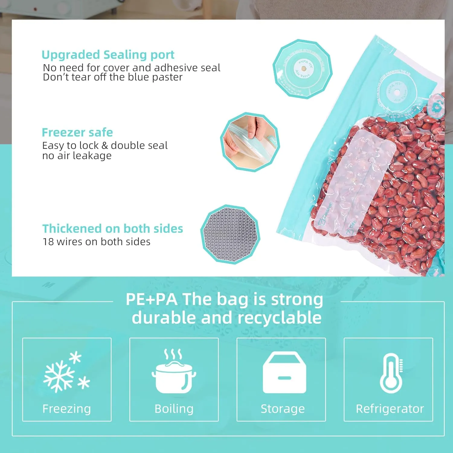 Sous Vide Bags Reusable, 20 PCS BPA Free Food Vacuum Sealer Bags, Double-sided 20C, Vacuum Zipper Bags for Sous Vide Cooking, 20pcs food storage bags & 4 Seal Clips (7.9x 11.8 Inch)