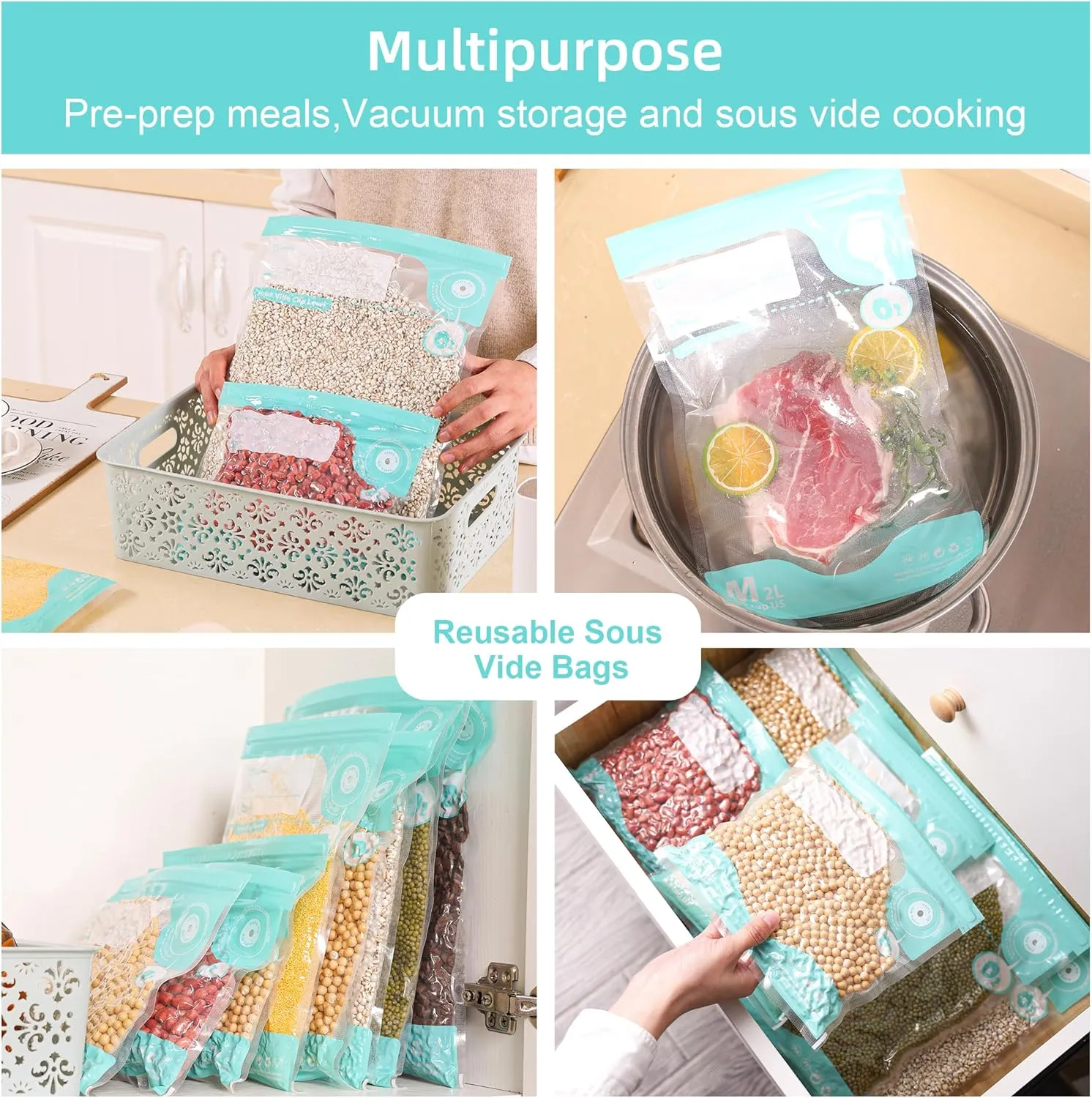 Sous Vide Bags Reusable, 20 PCS BPA Free Food Vacuum Sealer Bags, Double-sided 20C, Vacuum Zipper Bags for Sous Vide Cooking, 20pcs food storage bags & 4 Seal Clips (7.9x 11.8 Inch)