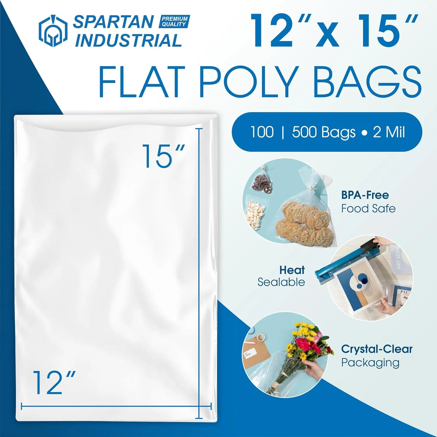 Spartan Industrial - 12” X 15” (500 Count) 2 Mil Heavy Duty Flat Open End Clear Plastic Poly Bags - For Packaging Electronics, Documents, Sweaters (Bags DO NOT Have Seal & DO NOT Have Prints)
