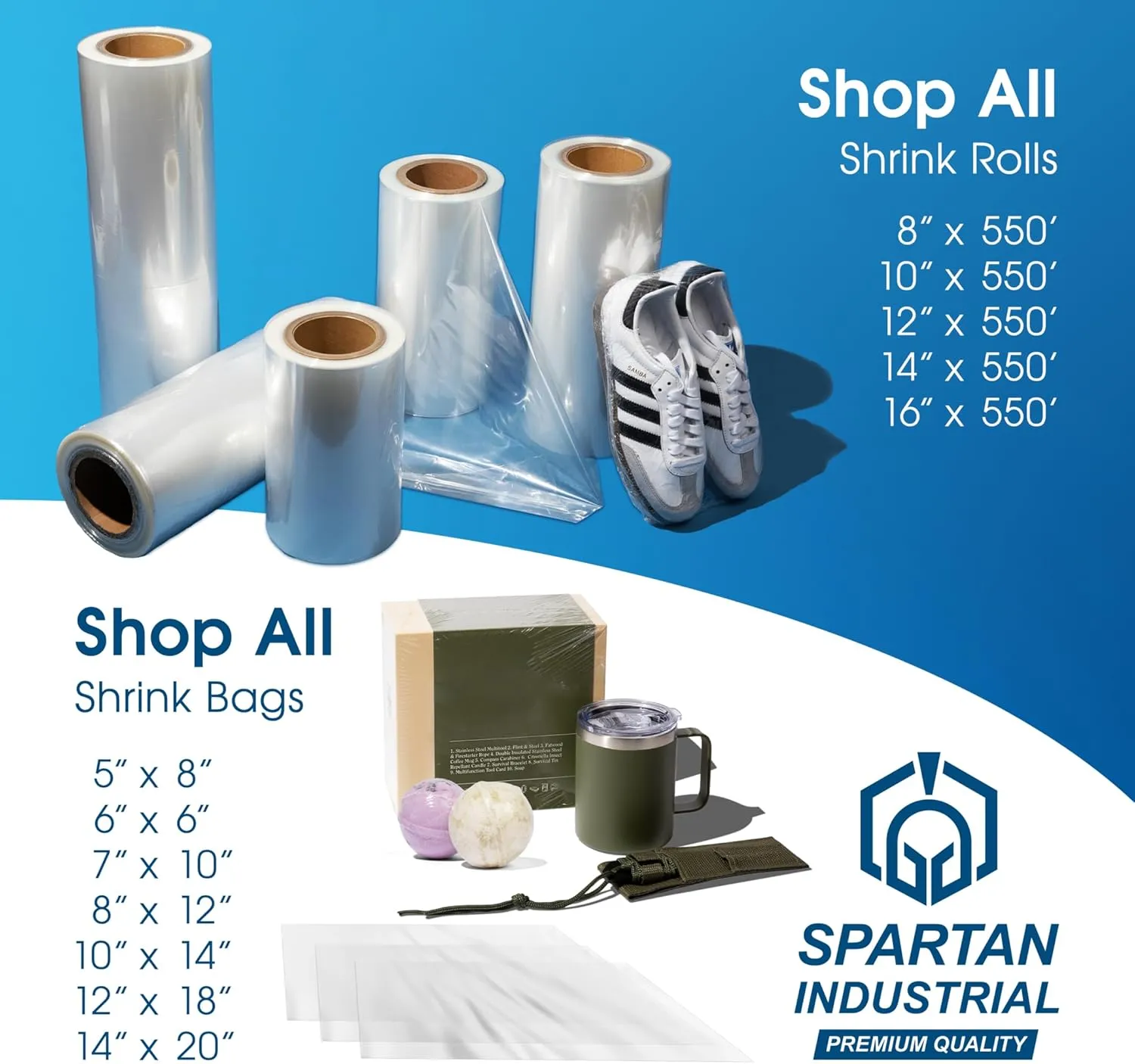 Spartan Industrial - 14" X 20" Large Shrink Wrap Bags - Pack of 500 Shrink Wrap for Baskets, Handmade Goods, Bottles, and More