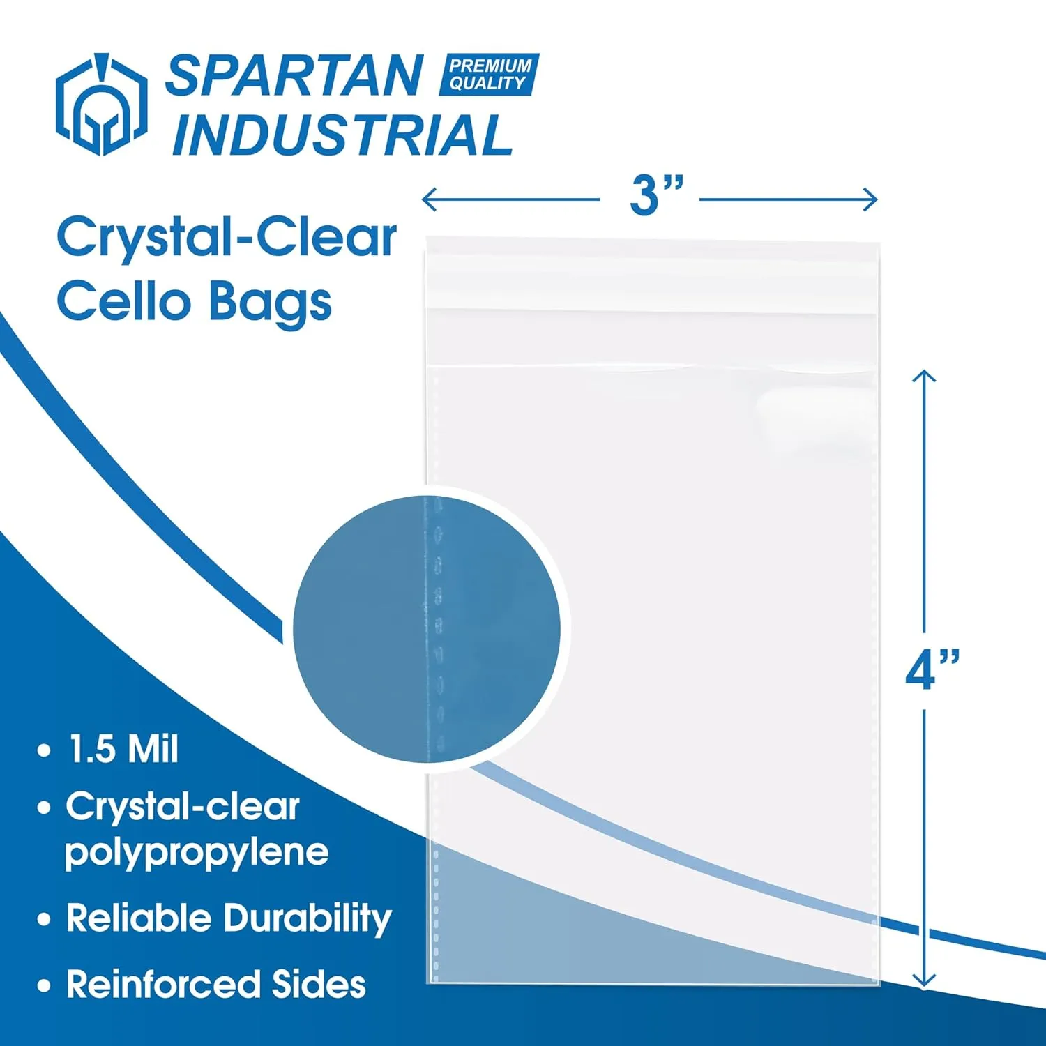 Spartan Industrial - 3" X 4" (1000 Count) Crystal Clear Resealable Cello Poly Bags for Jewelry, Treats, Party Favors - Self Seal & Reinforced