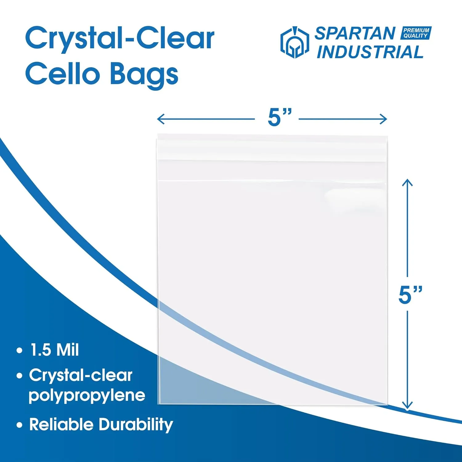 Spartan Industrial - 5" X 5" (1000 Count) Crystal Clear Resealable Cello Poly Bags for Jewelry, Parties, and More - Self Seal