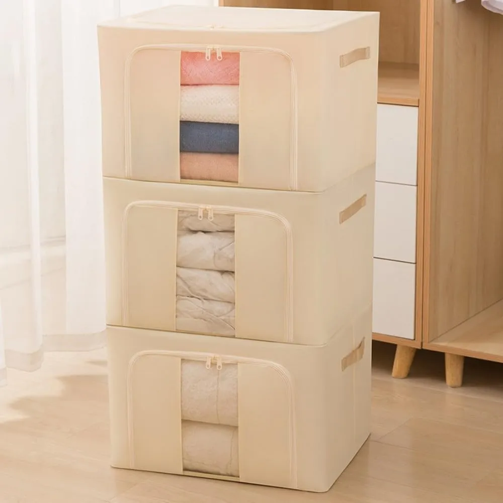 Stackable Storage, Collapsible Moving Boxes Closet Organizer for Clothes Bedding Towels, Under Bed Storage Containers with Zipper Clear Window (Grey,66L)