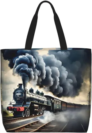 Steam Train Clouds print Tote Bags Casual Handbags 15.7 In Shoulder Bags for Work Travel Gym