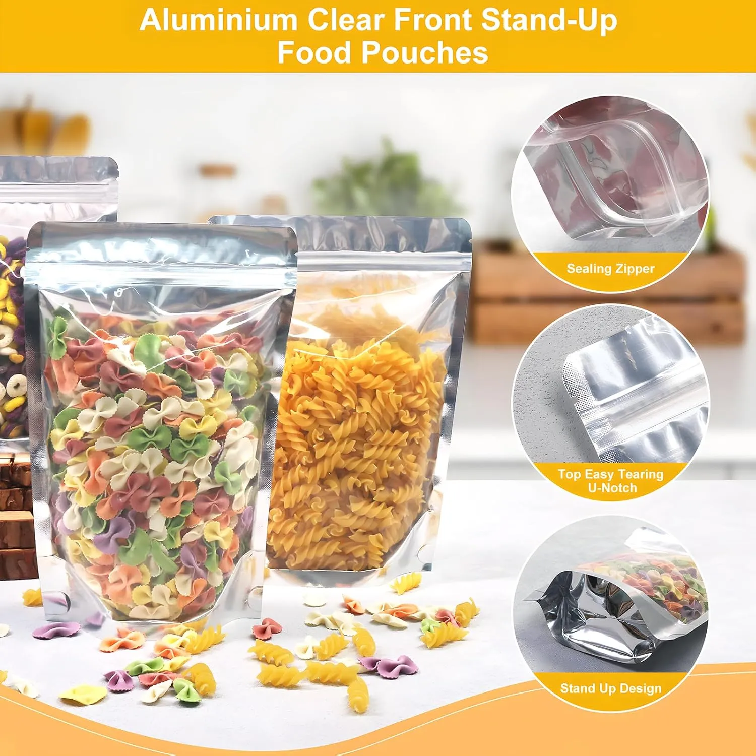 SumDirect Reusable Aluminium Foil Zipper Stand Up Food Pouches Bags with Notch for Food Storage 6.6x9 Inches,28oz,Pack of 50