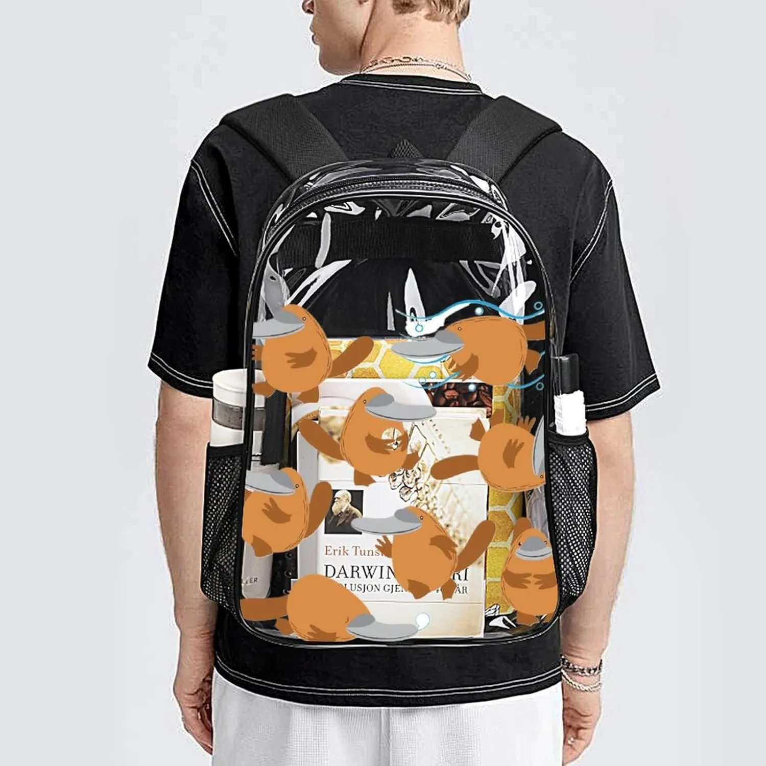 Summer Funny Platypus Heavy Duty Clear Backpack for Women Men Large Capacity Transparent See Through Bag for Concert Stadium Events with Waterproof PVC