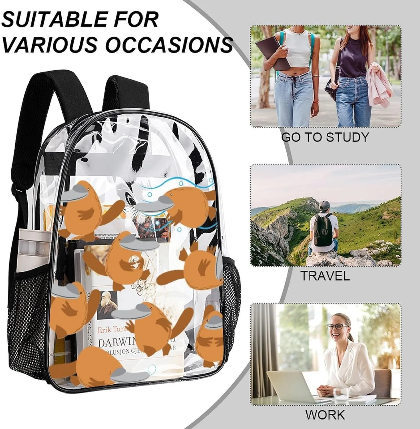 Summer Funny Platypus Heavy Duty Clear Backpack for Women Men Large Capacity Transparent See Through Bag for Concert Stadium Events with Waterproof PVC