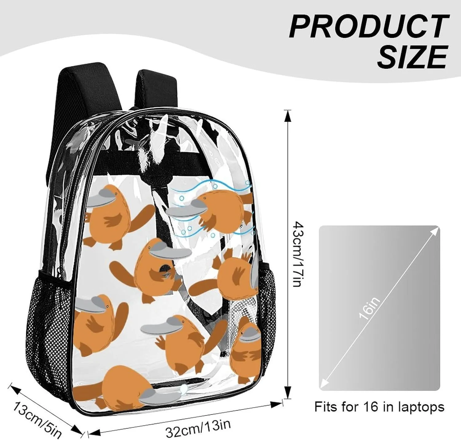 Summer Funny Platypus Heavy Duty Clear Backpack for Women Men Large Capacity Transparent See Through Bag for Concert Stadium Events with Waterproof PVC