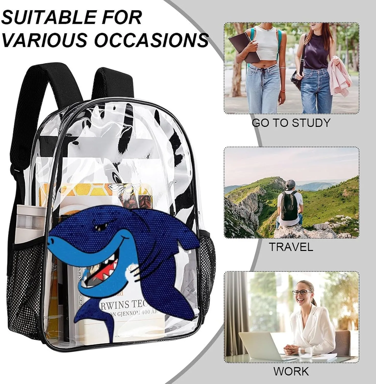Summer Sharks Grunge Heavy Duty Clear Backpack for Women Men Large Capacity Transparent See Through Bag for Concert Stadium Events with Waterproof PVC