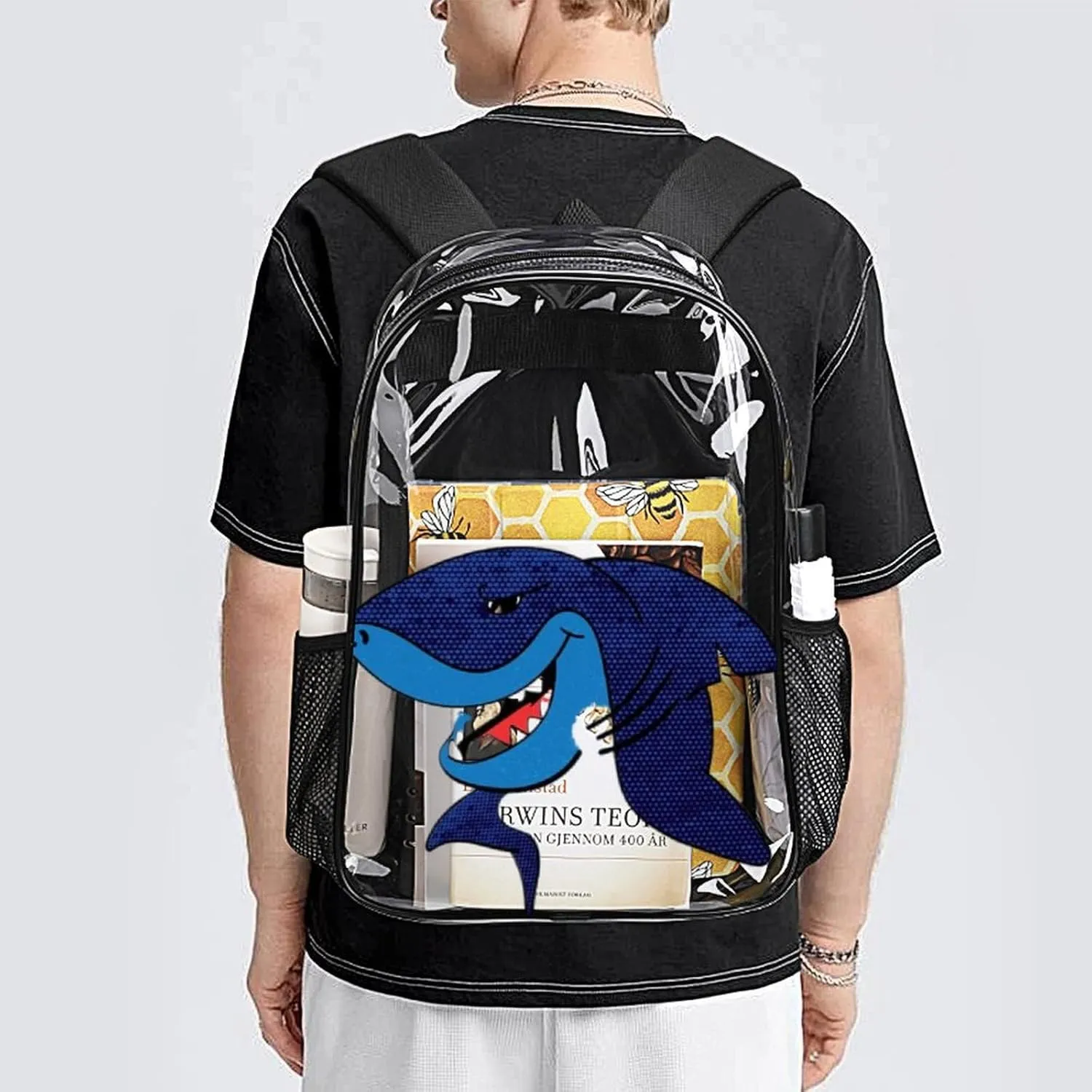 Summer Sharks Grunge Heavy Duty Clear Backpack for Women Men Large Capacity Transparent See Through Bag for Concert Stadium Events with Waterproof PVC