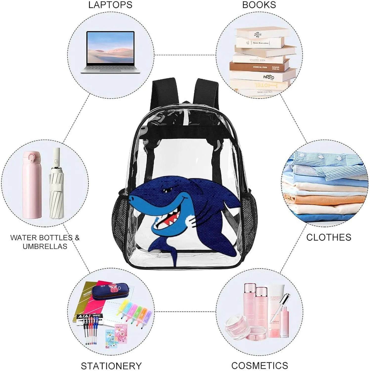 Summer Sharks Grunge Heavy Duty Clear Backpack for Women Men Large Capacity Transparent See Through Bag for Concert Stadium Events with Waterproof PVC