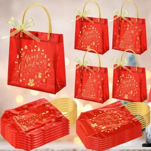 Sweetude 36 Pcs Christmas Clear Plastic Gift Bags with Handle Red Merry Christmas PVC Gift Bag Reusable Tote Bag Transparent Xmas Party Favor Bags,6.3 x 5.9 x 2.8 Inches