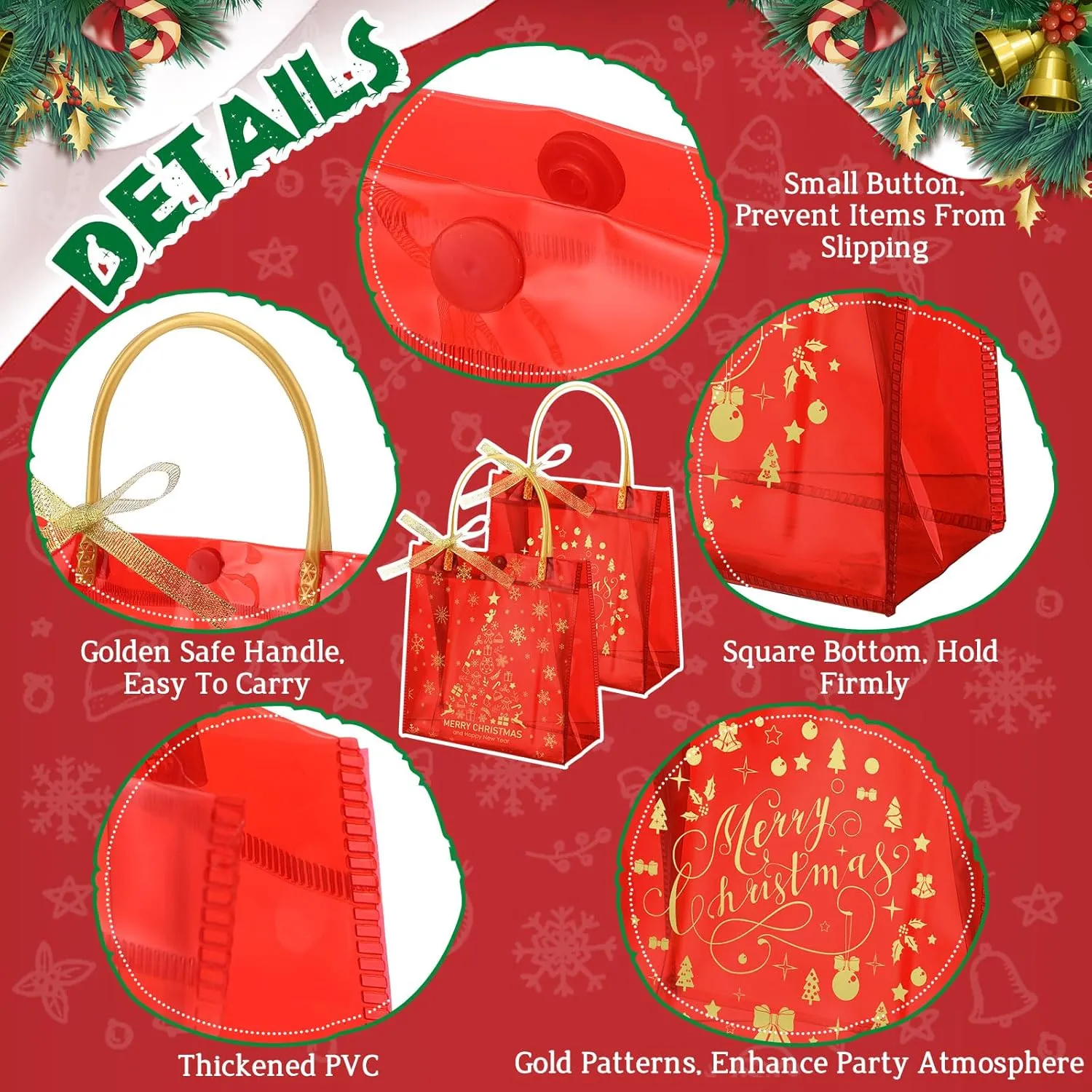 Sweetude 36 Pcs Christmas Clear Plastic Gift Bags with Handle Red Merry Christmas PVC Gift Bag Reusable Tote Bag Transparent Xmas Party Favor Bags,6.3 x 5.9 x 2.8 Inches