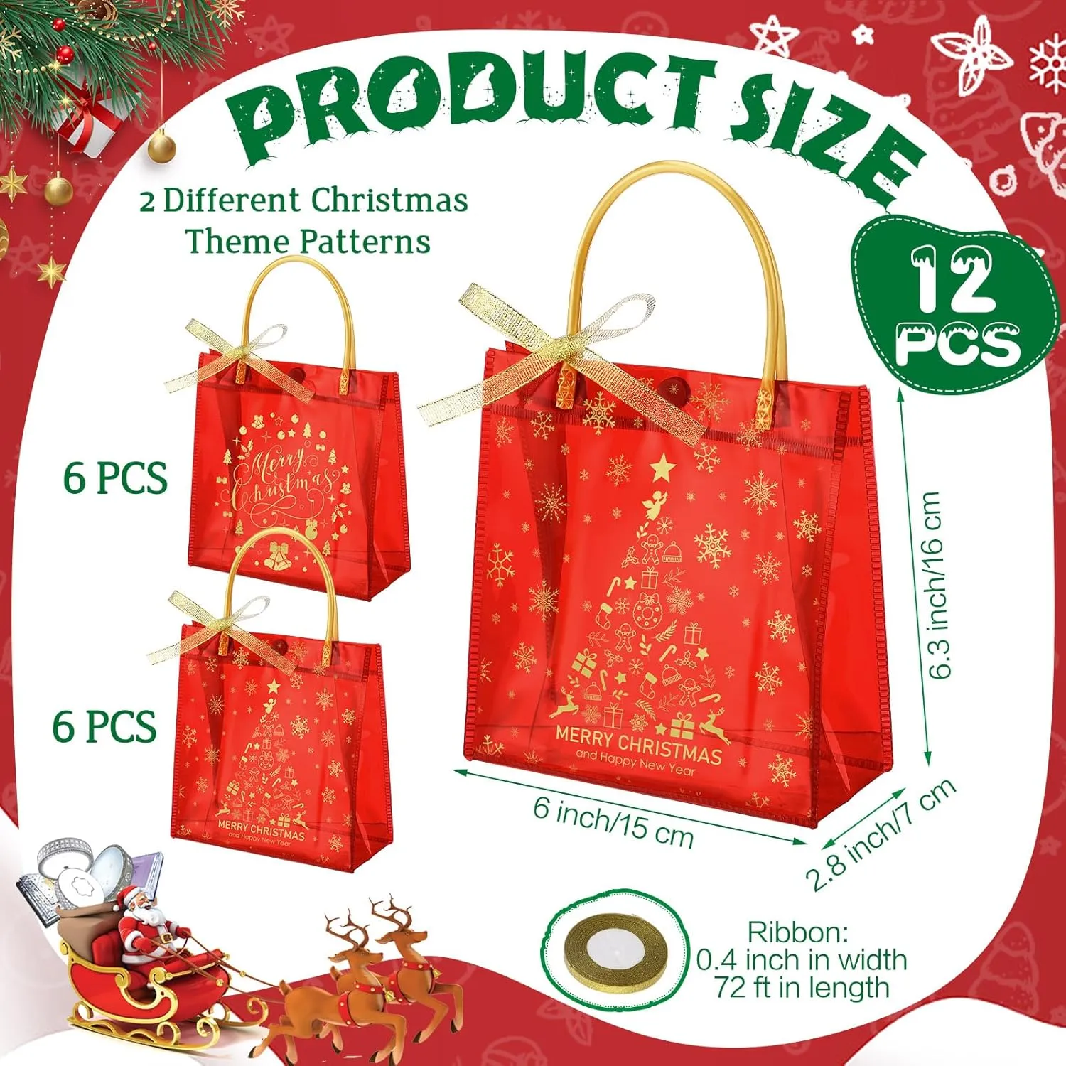 Sweetude 36 Pcs Christmas Clear Plastic Gift Bags with Handle Red Merry Christmas PVC Gift Bag Reusable Tote Bag Transparent Xmas Party Favor Bags,6.3 x 5.9 x 2.8 Inches