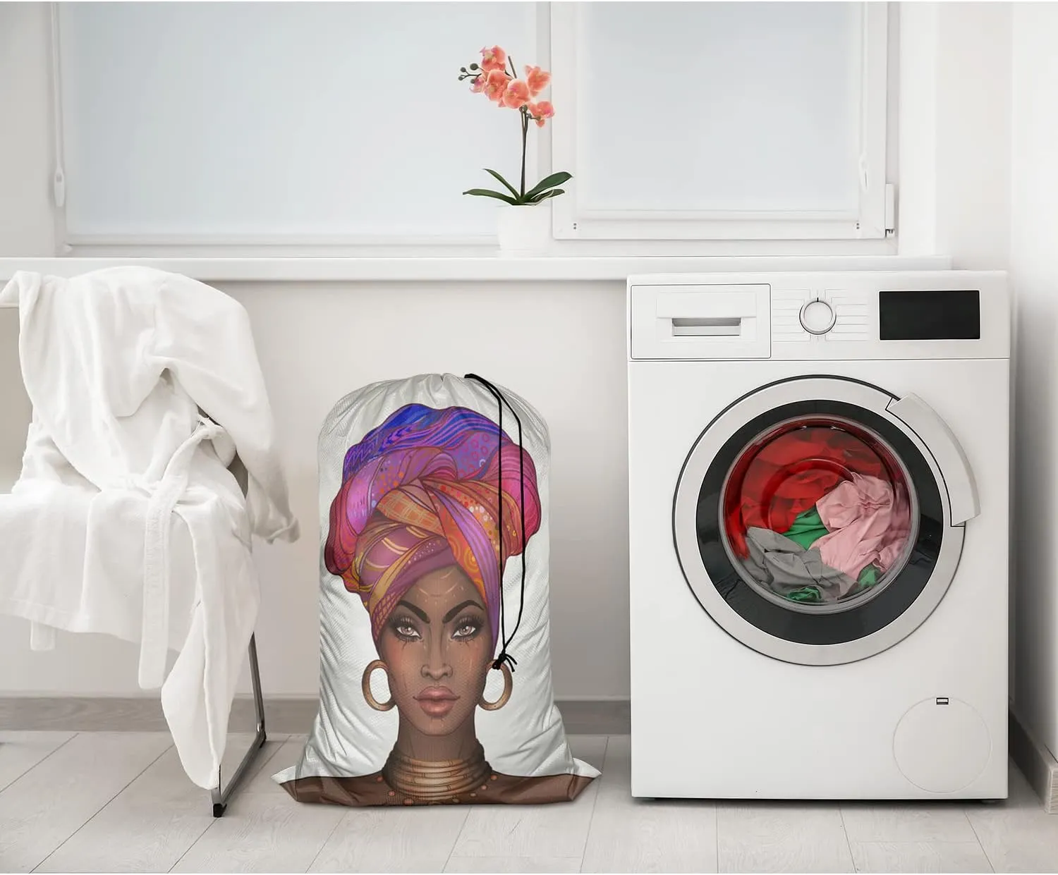 Swono Laundry Bag Drawstring Closure African Woman Black Woman with Glossy Lips Turban Heavy Duty Laundry Portable for Home Dorm Room Essentials for Travel Camp