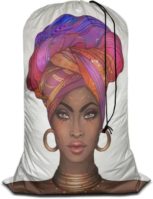 Swono Laundry Bag Drawstring Closure African Woman Black Woman with Glossy Lips Turban Heavy Duty Laundry Portable for Home Dorm Room Essentials for Travel Camp