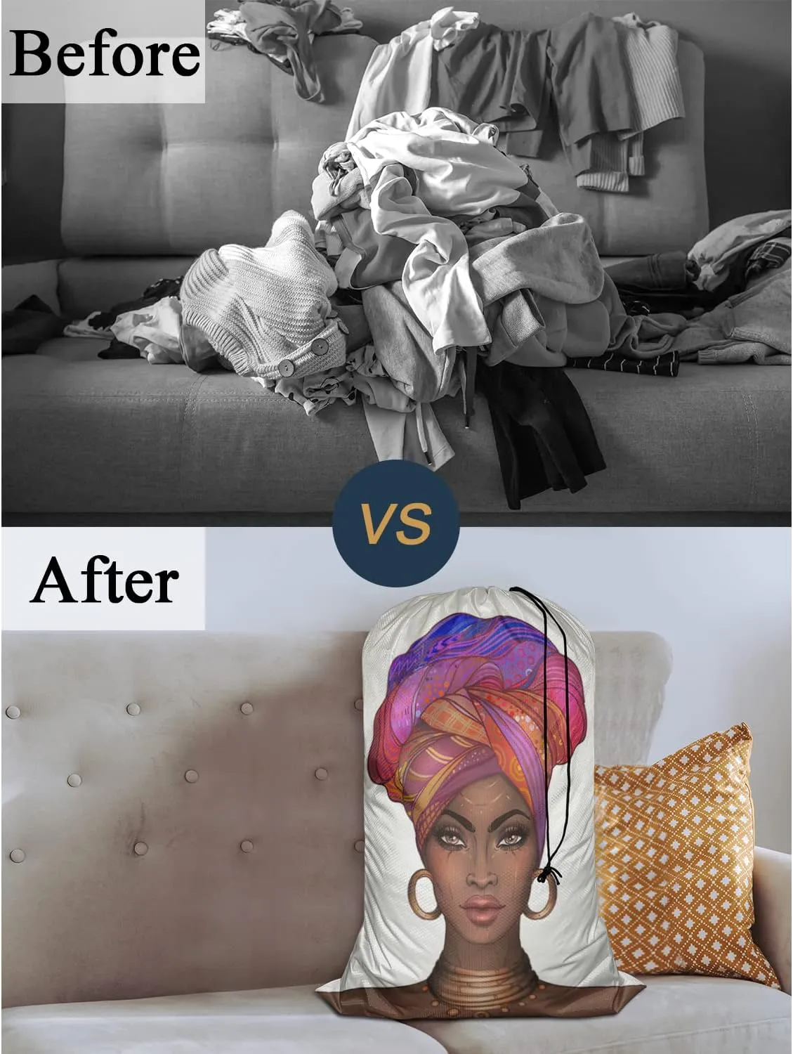 Swono Laundry Bag Drawstring Closure African Woman Black Woman with Glossy Lips Turban Heavy Duty Laundry Portable for Home Dorm Room Essentials for Travel Camp