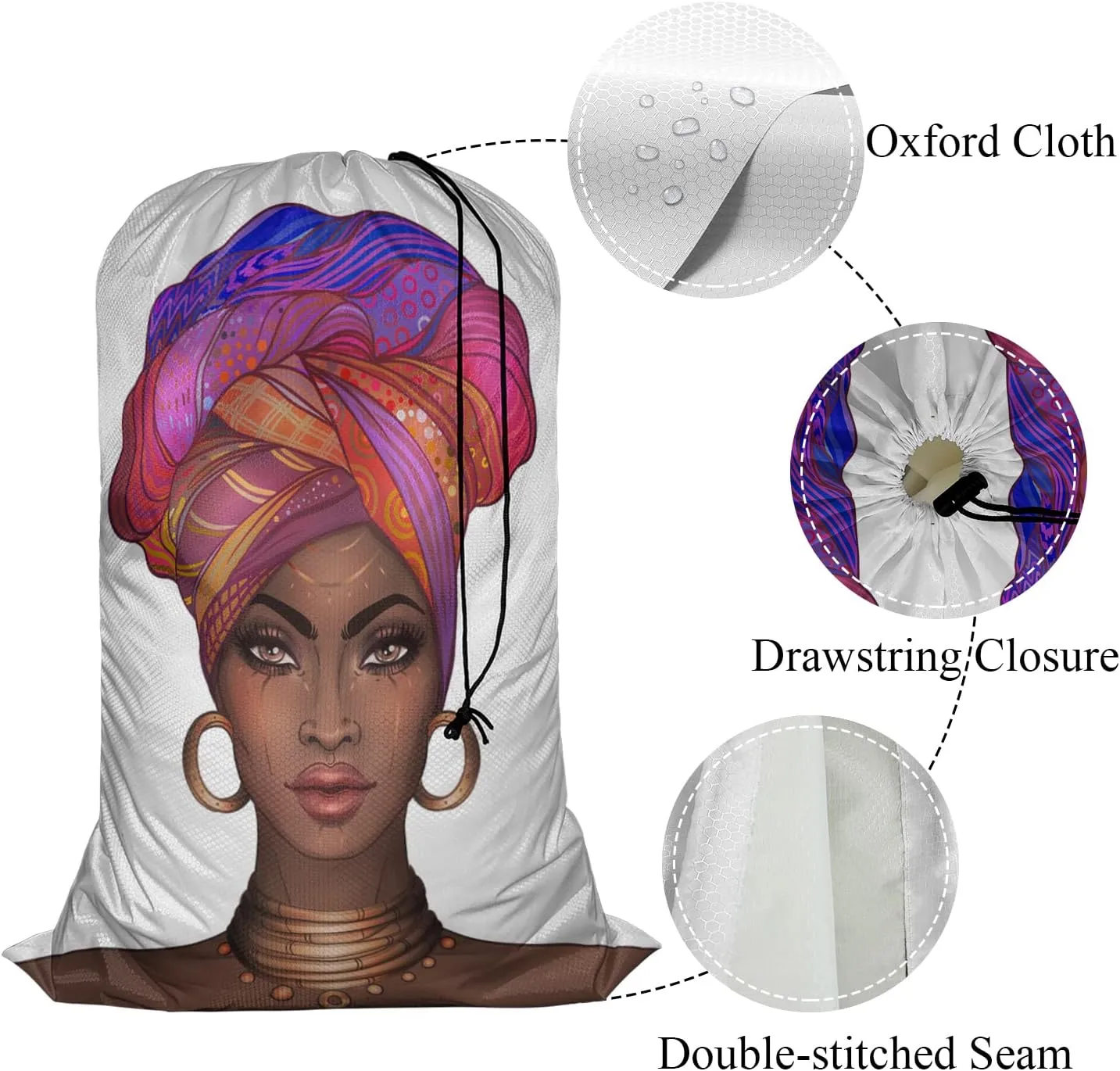 Swono Laundry Bag Drawstring Closure African Woman Black Woman with Glossy Lips Turban Heavy Duty Laundry Portable for Home Dorm Room Essentials for Travel Camp