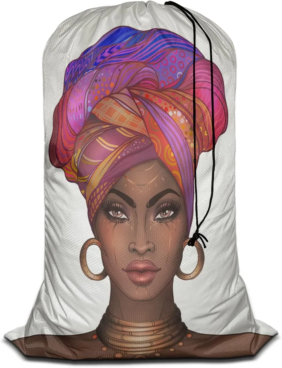 Swono Laundry Bag Drawstring Closure African Woman Black Woman with Glossy Lips Turban Heavy Duty Laundry Portable for Home Dorm Room Essentials for Travel Camp