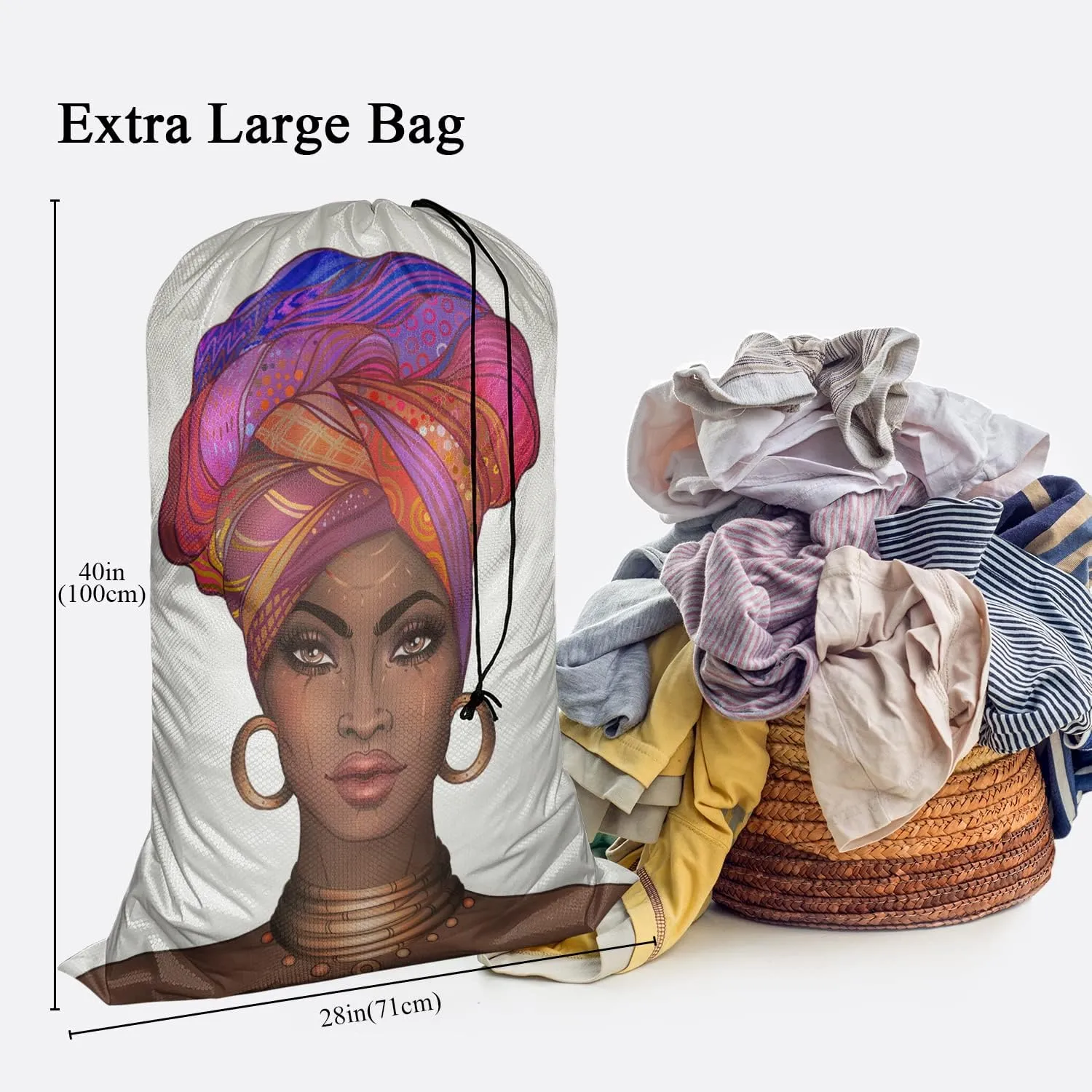Swono Laundry Bag Drawstring Closure African Woman Black Woman with Glossy Lips Turban Heavy Duty Laundry Portable for Home Dorm Room Essentials for Travel Camp