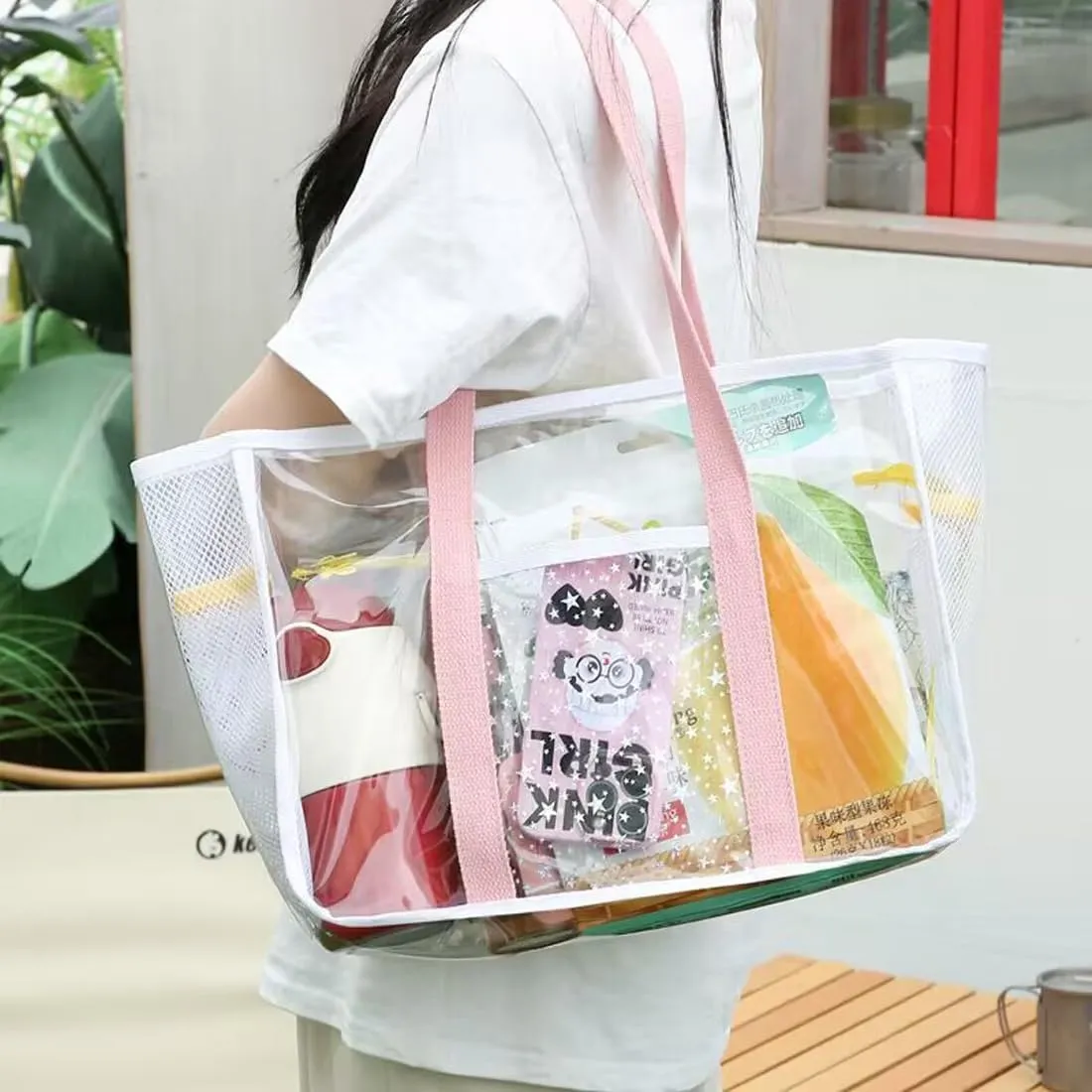 SxoSyo Clear Makeup Bags Large Cosmetic Bags with Side Pockets Multifunction Travel Toiletry Bag for Women Transparent Beach Bag PVC Zipper Closure Swimming Handbag (color pink)