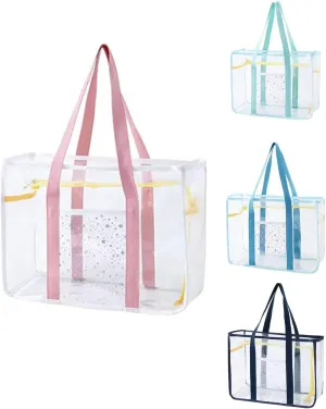 SxoSyo Clear Makeup Bags Large Cosmetic Bags with Side Pockets Multifunction Travel Toiletry Bag for Women Transparent Beach Bag PVC Zipper Closure Swimming Handbag (color pink)