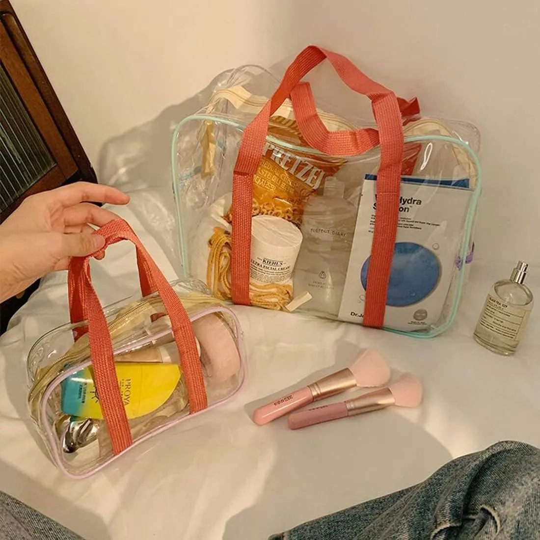SxoSyo Clear Makeup Bags Large Travel Toiletry Bag for Women Transparent Bag Clear Cosmetic Bags with Handle Bathroom Organizer (Rainbow)
