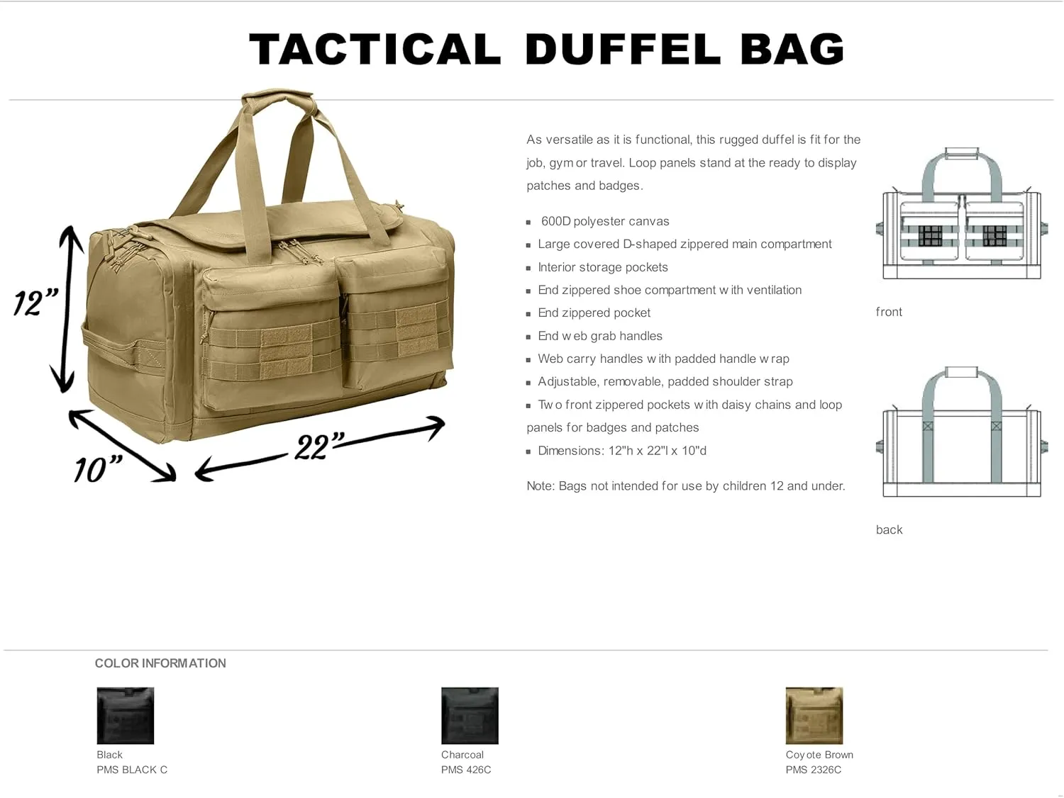 Tactical Gear bag Heavy Duty Duffel Gym bag/Tactical Backpack Custom Embroidered with your own text (Black - Duffel Bag)