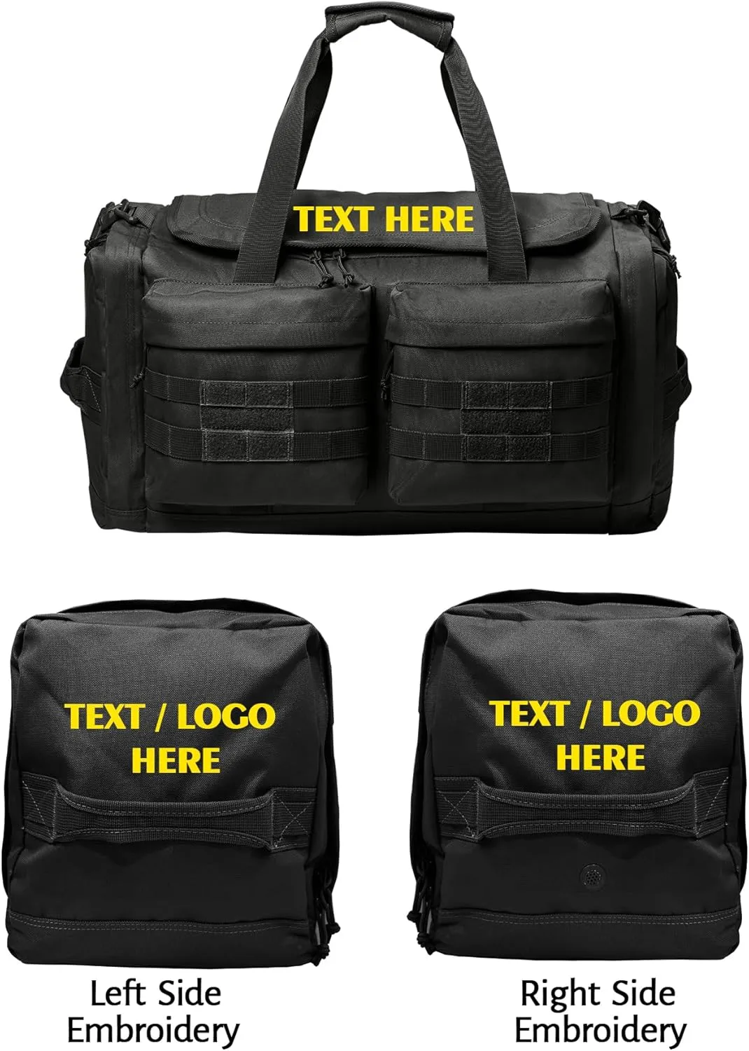 Tactical Gear bag Heavy Duty Duffel Gym bag/Tactical Backpack Custom Embroidered with your own text (Black - Duffel Bag)