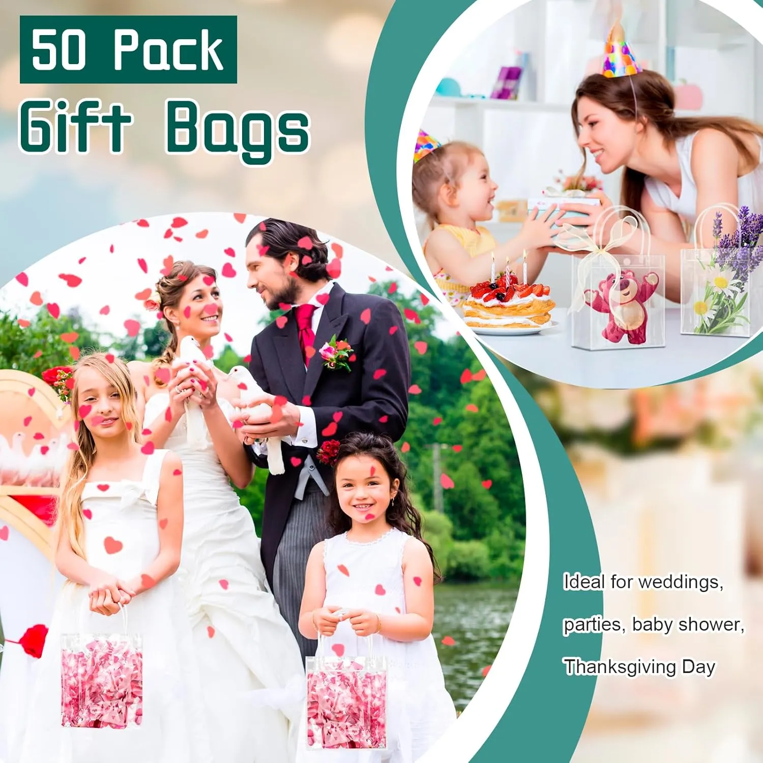 Takytao 50 Pcs Clear Gift Bags with Handles, Small Gift Bags Plastic Clear Bags with Champagne Ribbon Reusable Goodie Bags Clear Party Favor bags Bulk for Weddings Birthday Baby Shower Party