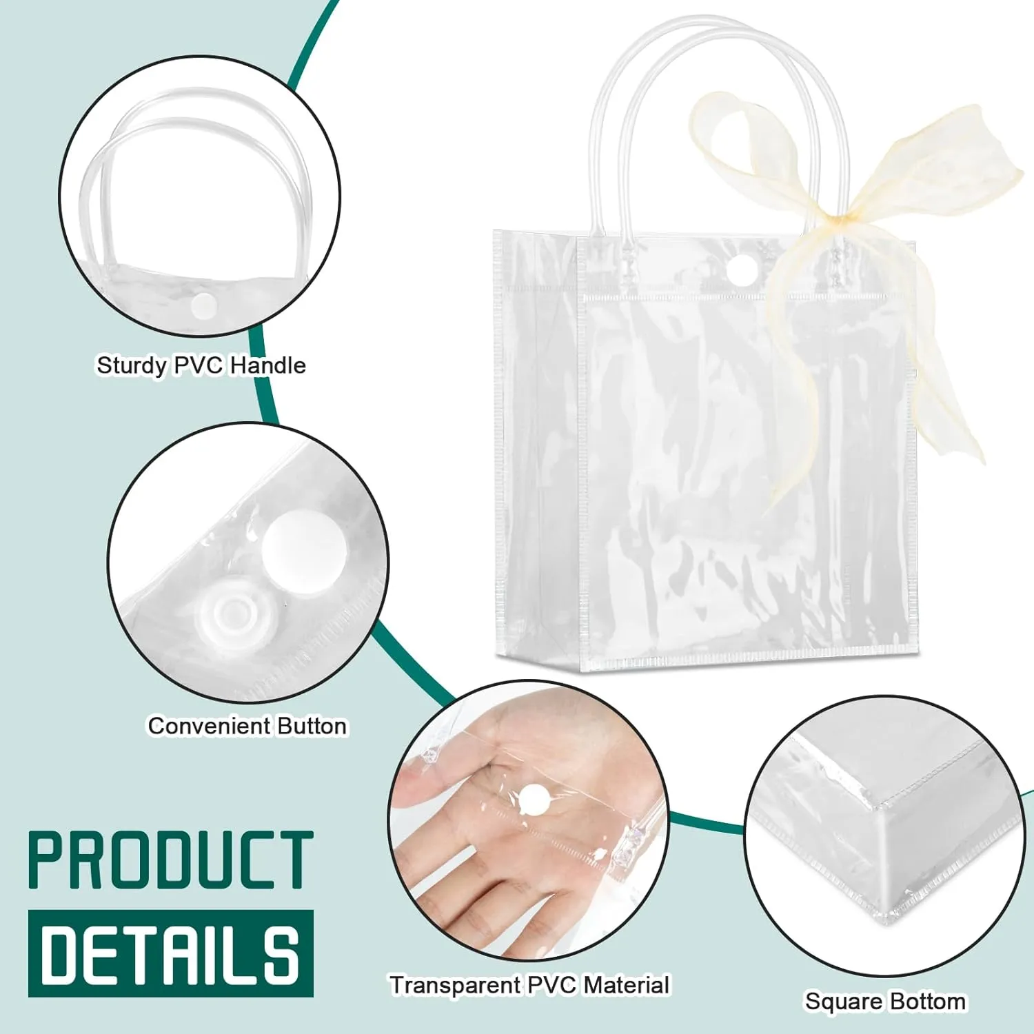 Takytao 50 Pcs Clear Gift Bags with Handles, Small Gift Bags Plastic Clear Bags with Champagne Ribbon Reusable Goodie Bags Clear Party Favor bags Bulk for Weddings Birthday Baby Shower Party