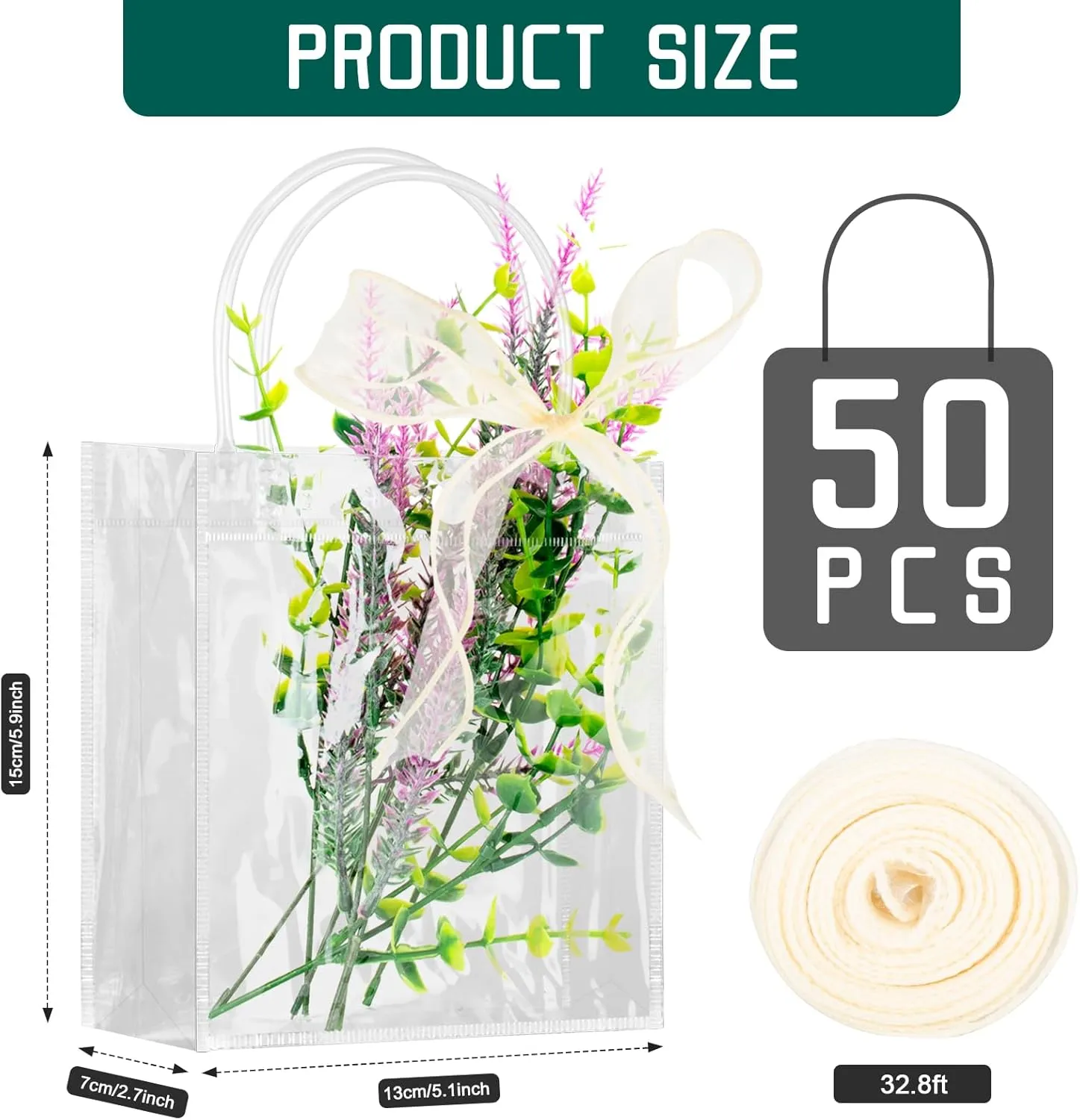 Takytao 50 Pcs Clear Gift Bags with Handles, Small Gift Bags Plastic Clear Bags with Champagne Ribbon Reusable Goodie Bags Clear Party Favor bags Bulk for Weddings Birthday Baby Shower Party