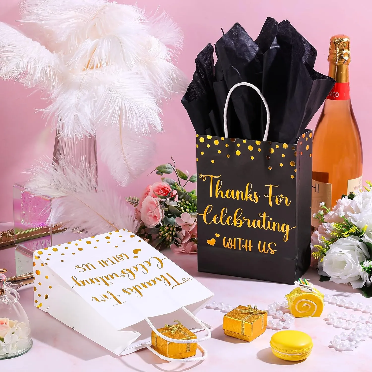 TaoBary 24 Pcs Wedding Gift Bag with Tissue Paper Thanks for Celebrating with Us Paper Bags with Handle for Hotel Guests Wedding Gift Favor for Bridal Shower Party(Black, White)