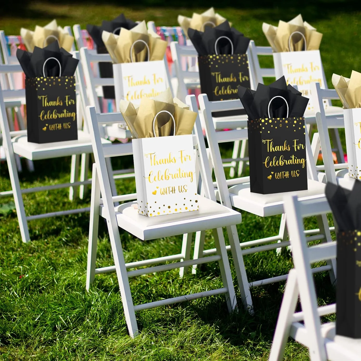 TaoBary 24 Pcs Wedding Gift Bag with Tissue Paper Thanks for Celebrating with Us Paper Bags with Handle for Hotel Guests Wedding Gift Favor for Bridal Shower Party(Black, White)