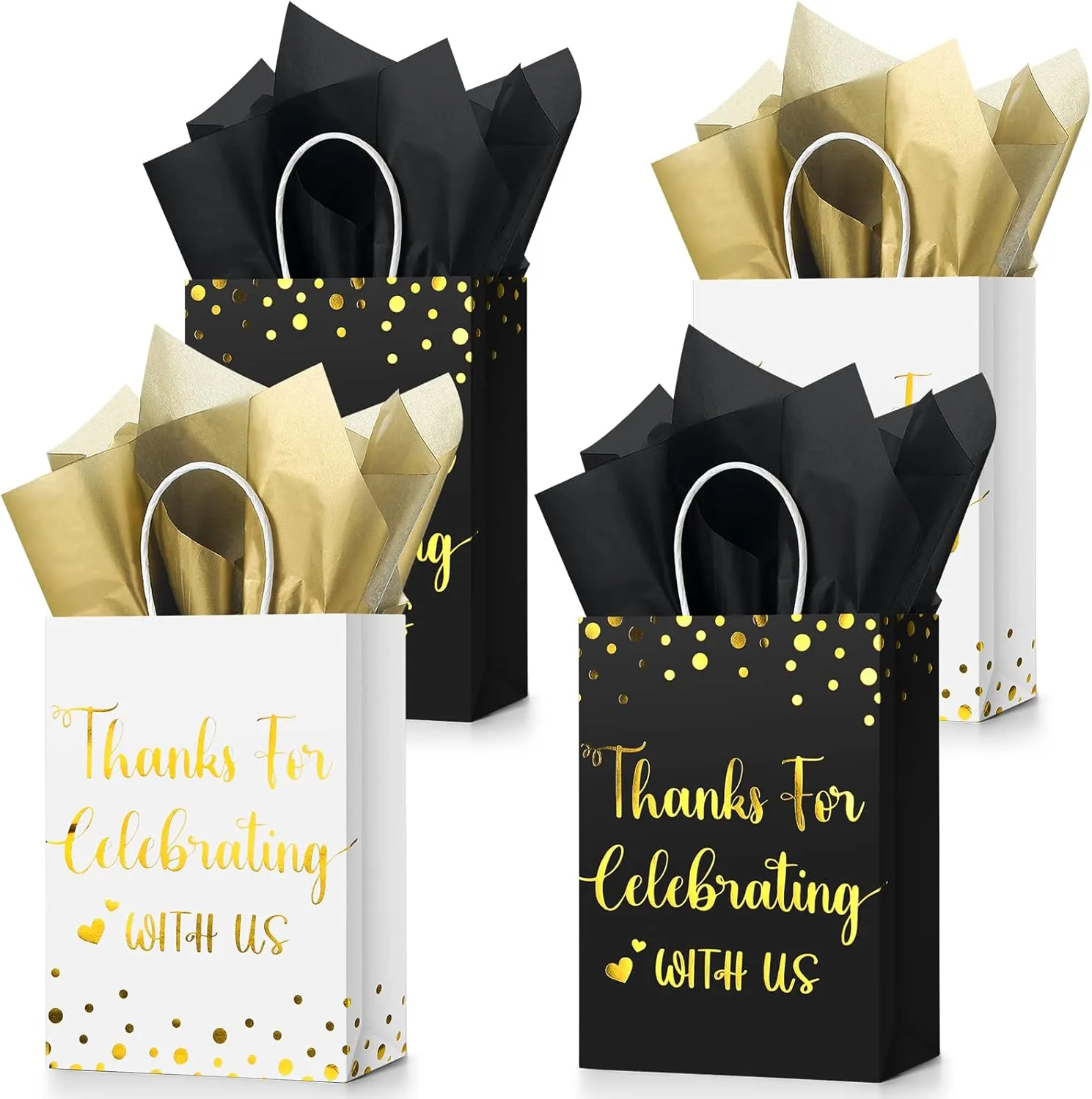 TaoBary 24 Pcs Wedding Gift Bag with Tissue Paper Thanks for Celebrating with Us Paper Bags with Handle for Hotel Guests Wedding Gift Favor for Bridal Shower Party(Black, White)