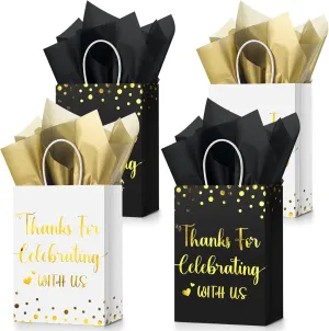 TaoBary 24 Pcs Wedding Gift Bag with Tissue Paper Thanks for Celebrating with Us Paper Bags with Handle for Hotel Guests Wedding Gift Favor for Bridal Shower Party(Black, White)