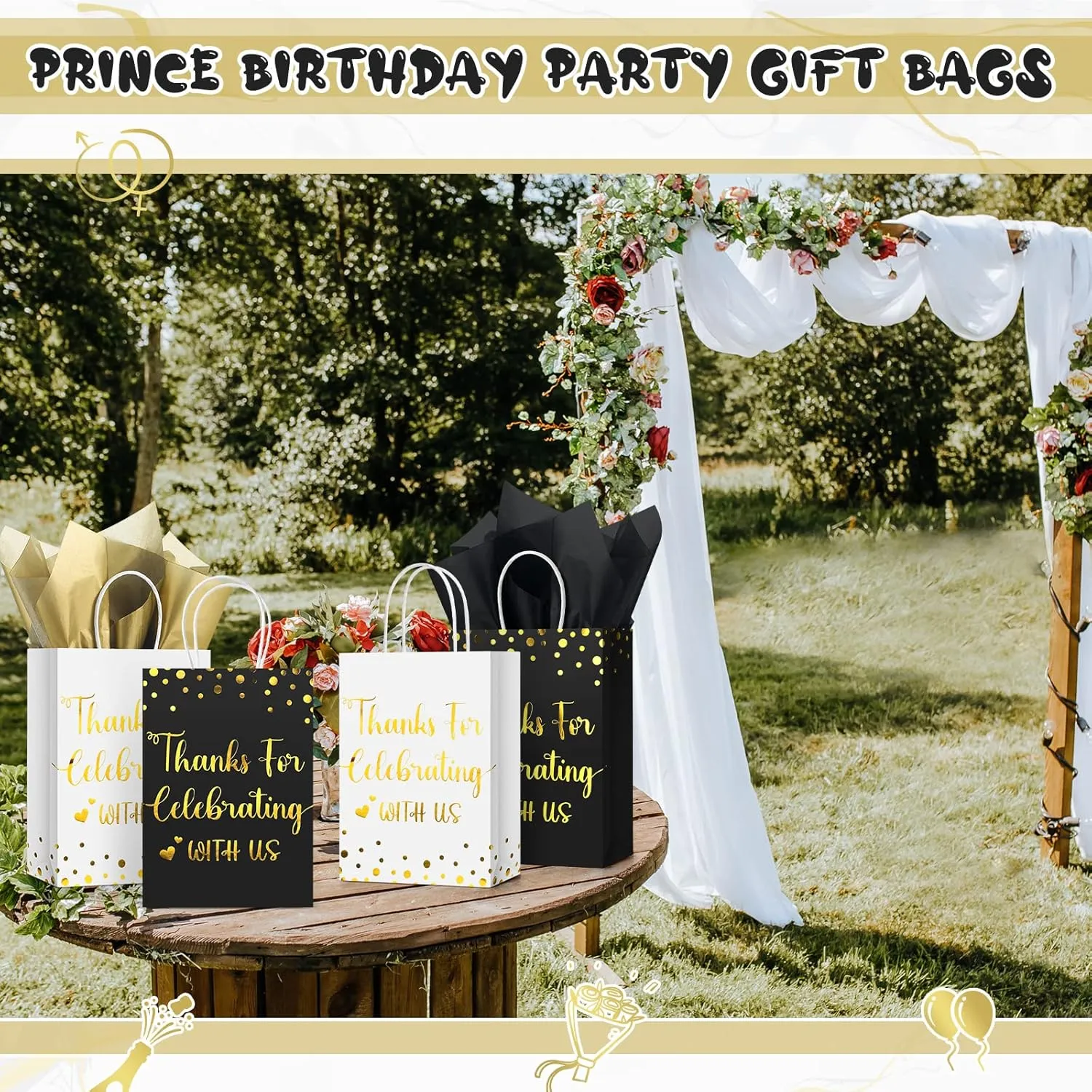 TaoBary 24 Pcs Wedding Gift Bag with Tissue Paper Thanks for Celebrating with Us Paper Bags with Handle for Hotel Guests Wedding Gift Favor for Bridal Shower Party(Black, White)