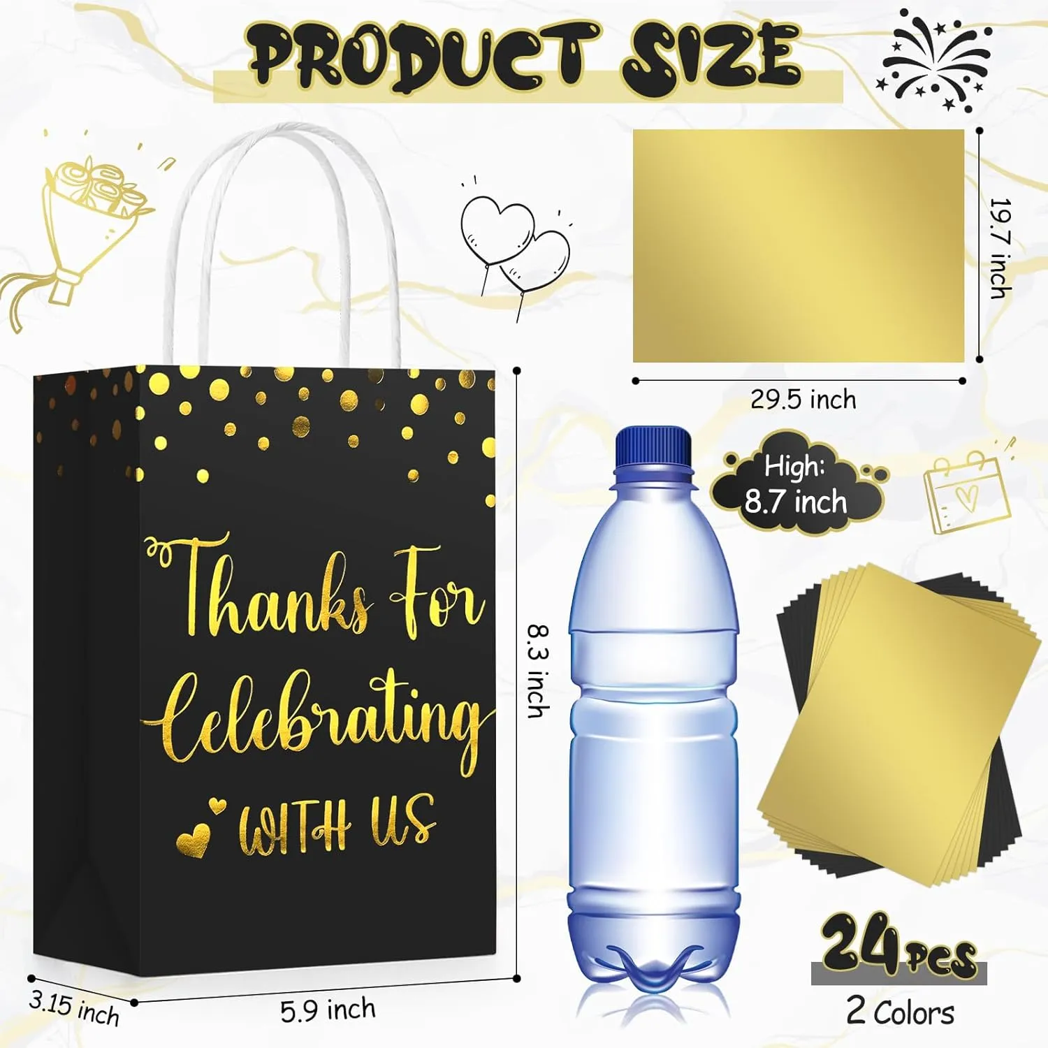 TaoBary 24 Pcs Wedding Gift Bag with Tissue Paper Thanks for Celebrating with Us Paper Bags with Handle for Hotel Guests Wedding Gift Favor for Bridal Shower Party(Black, White)