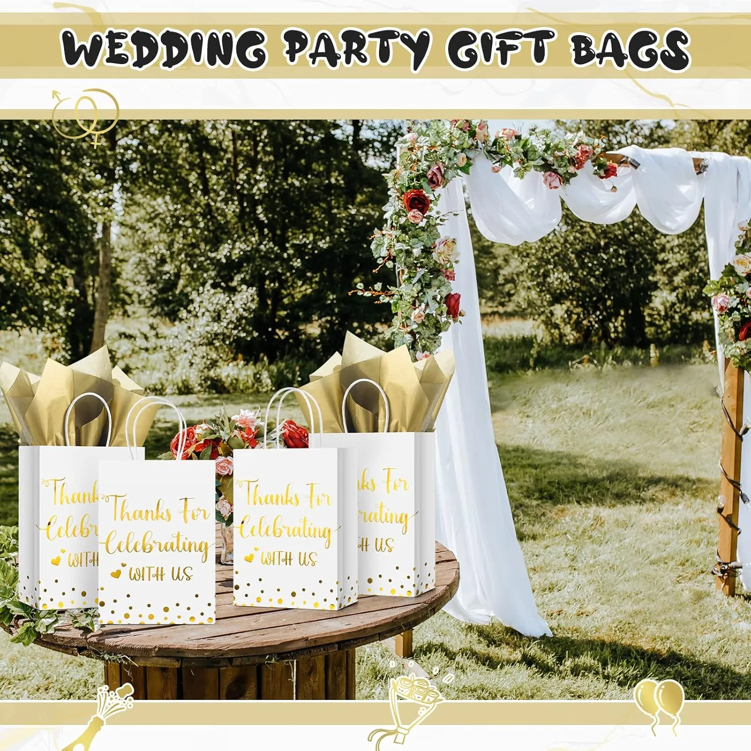 TaoBary 24 Pcs Wedding Gift Bag with Tissue Paper Thanks for Celebrating with Us Paper Bags with Handle for Hotel Guests Wedding Gift Favor for Bridal Shower Party(White)