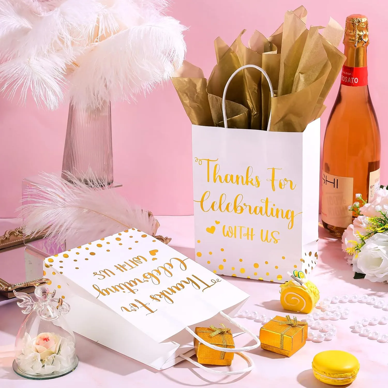 TaoBary 24 Pcs Wedding Gift Bag with Tissue Paper Thanks for Celebrating with Us Paper Bags with Handle for Hotel Guests Wedding Gift Favor for Bridal Shower Party(White)