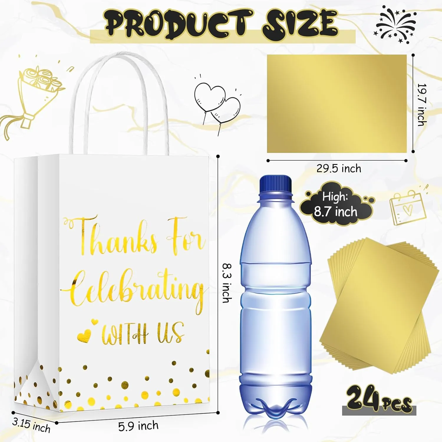 TaoBary 24 Pcs Wedding Gift Bag with Tissue Paper Thanks for Celebrating with Us Paper Bags with Handle for Hotel Guests Wedding Gift Favor for Bridal Shower Party(White)