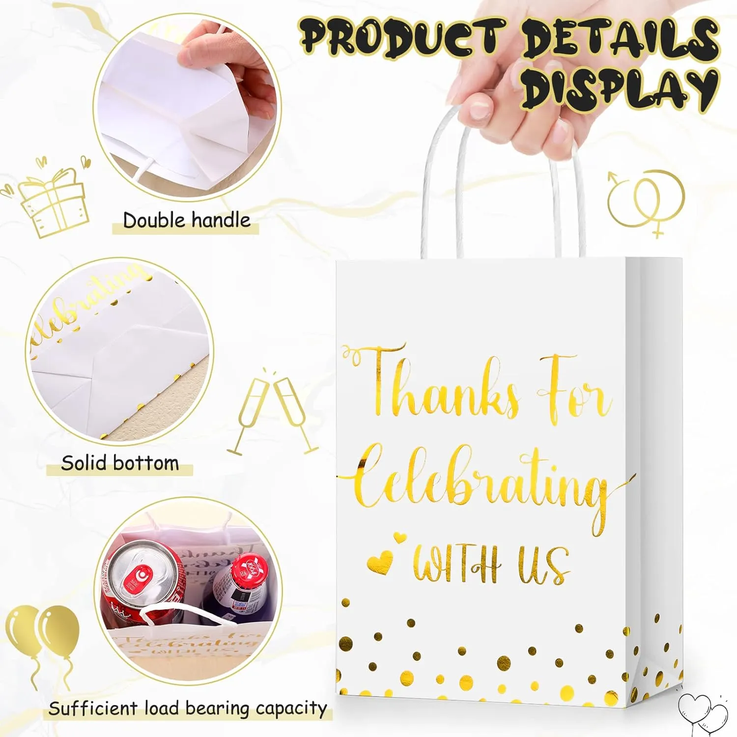 TaoBary 24 Pcs Wedding Gift Bag with Tissue Paper Thanks for Celebrating with Us Paper Bags with Handle for Hotel Guests Wedding Gift Favor for Bridal Shower Party(White)