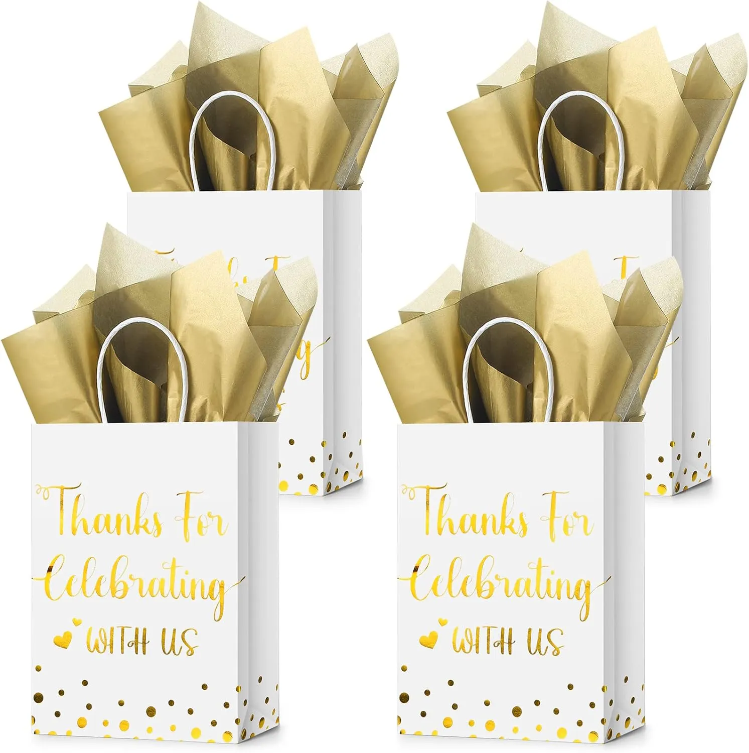 TaoBary 24 Pcs Wedding Gift Bag with Tissue Paper Thanks for Celebrating with Us Paper Bags with Handle for Hotel Guests Wedding Gift Favor for Bridal Shower Party(White)