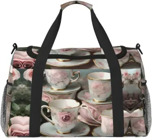 Tea Cups with Roses Romantic print Carry on Bag Underseat forTraveling Personal Item Bag Travel Duffel Bag Gym Bag for Women Men