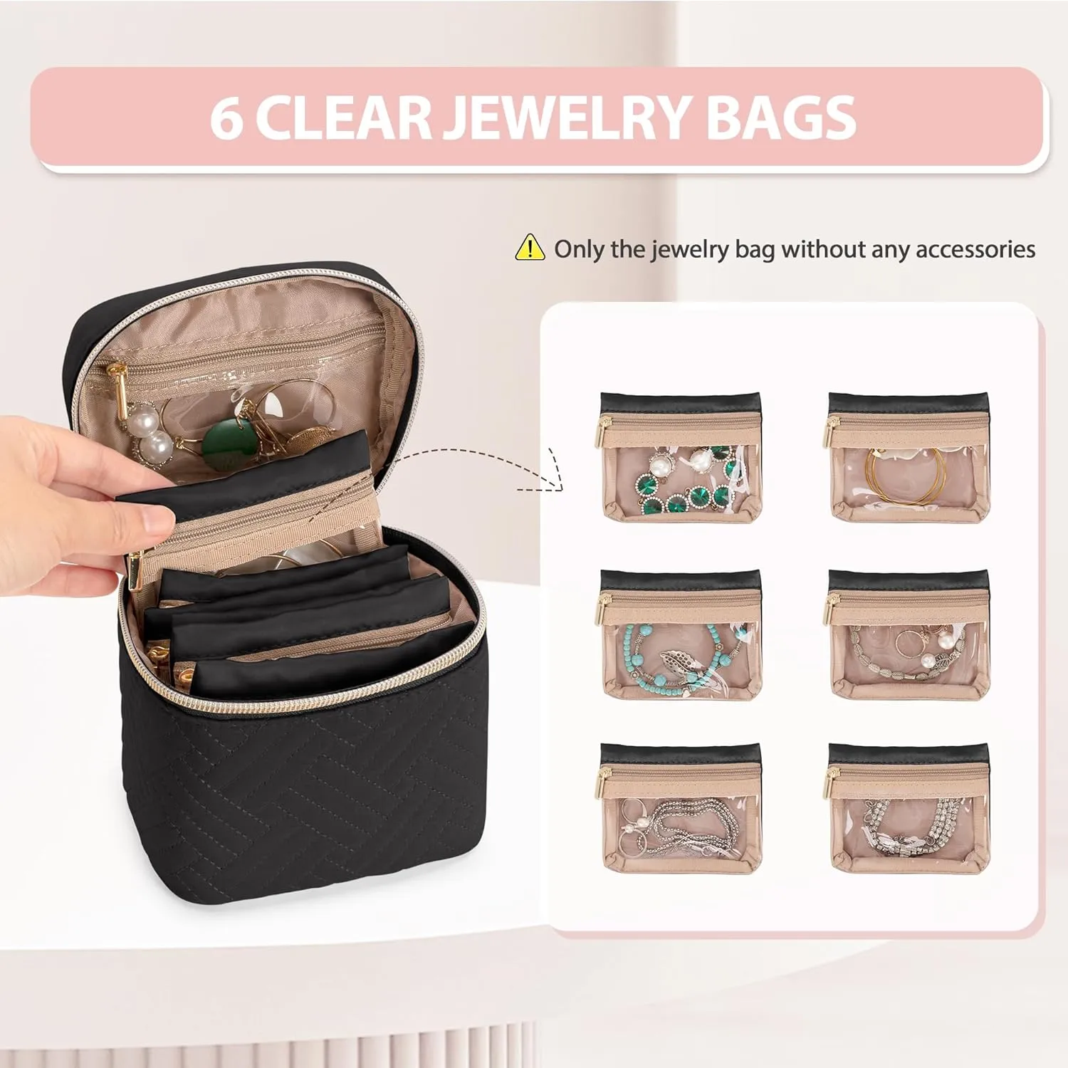 Teamoy Mini Jewelry Organizer with 6 Small Jewelry Bags, Travel Jewelry Storage Box for Necklaces, Rings, Earrings, Bracelets, Quilted Black