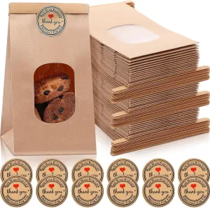 Tenceur 240 Set 3.54 x 2.36 x 6.7 Bakery Bags with Window and Stickers Bulk Paper Tin Tie Tab Lock Bags for Mom for Cookie Coffee Beans Popcorn Food Candy Gift Packaging Party(Brown)